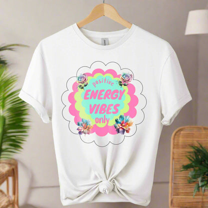 T-shirts color white boho design with positive energy typography and graphic color design
for adults 