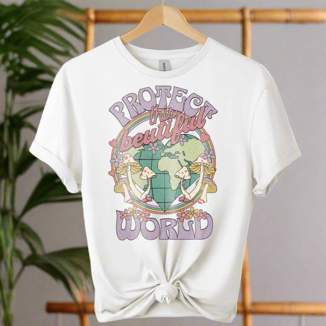 T-shirt front with color white and graphic world design ,typography that saying protect the world boho inspired for adults 