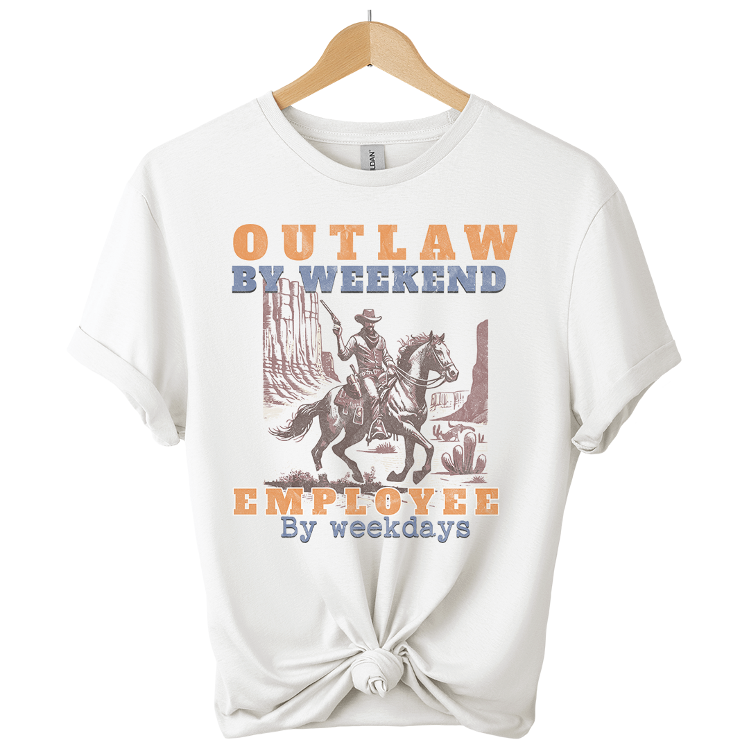 White t-shirt with a graphic design featuring a cowboy and text on a white background