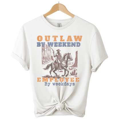 White t-shirt with a graphic design featuring a cowboy and text on a white background