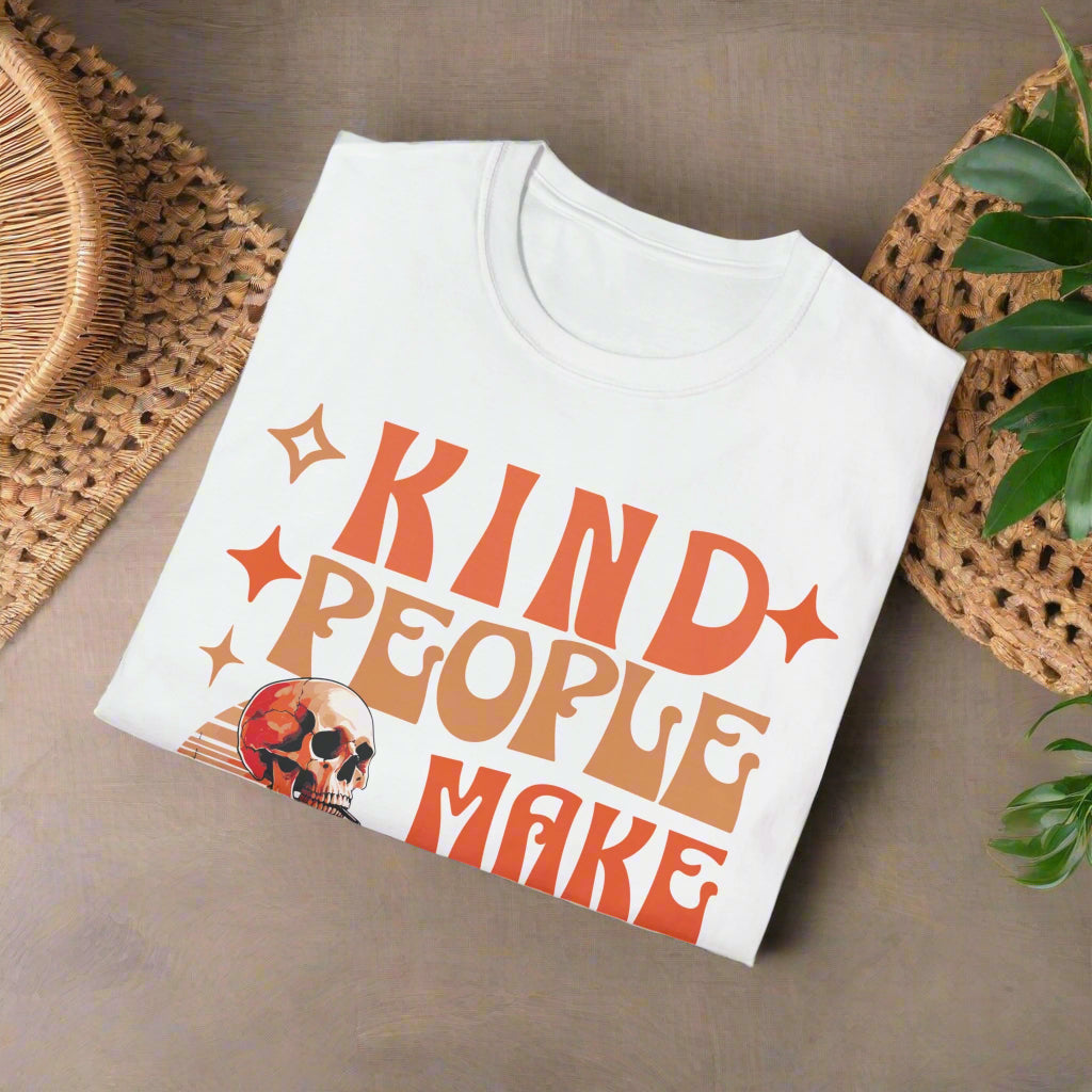 Beige t-shirt with a skeleton graphic and text on a white background