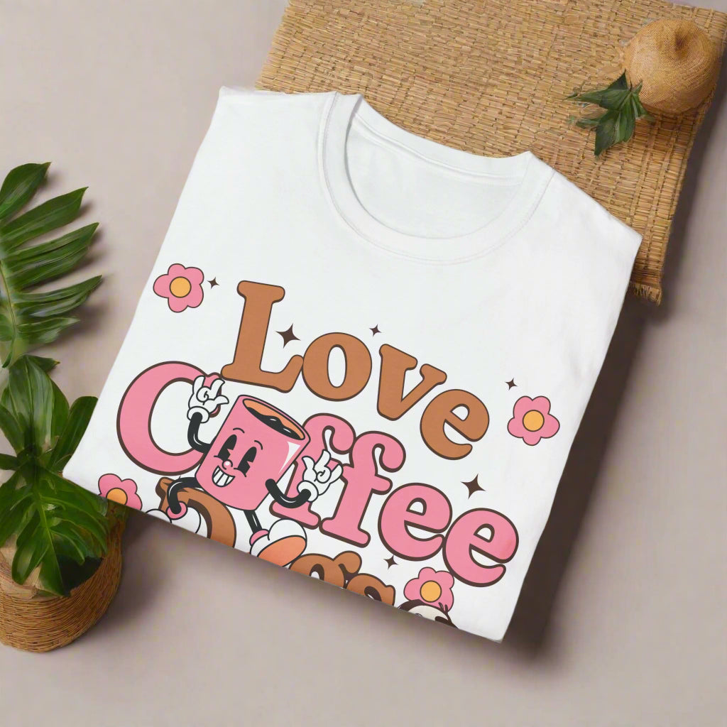 White t-shirt with 'Love Coffee' graphic design on a white background