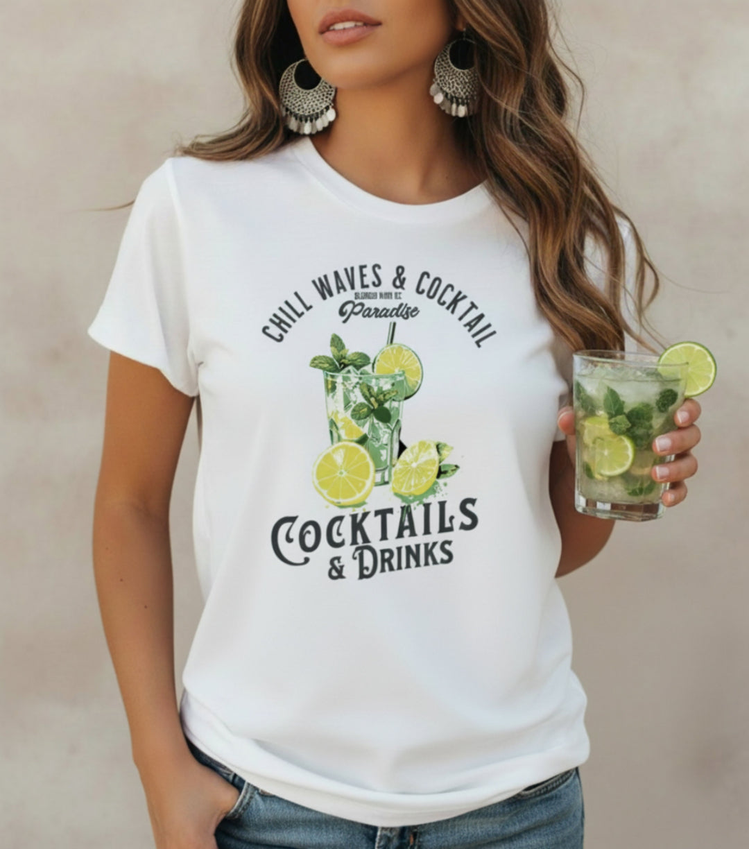 Woman wearing a t-shirt with a cocktail graphic and text, standing outdoors with another person.