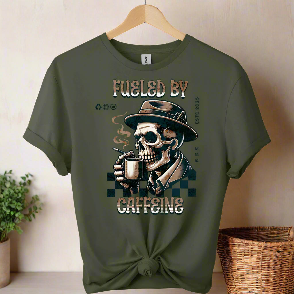 Caffeine T-Shirt  with Retro coffee  Graphic Design skull drinking coffee front view color and typography fuelled by caffeine color military green