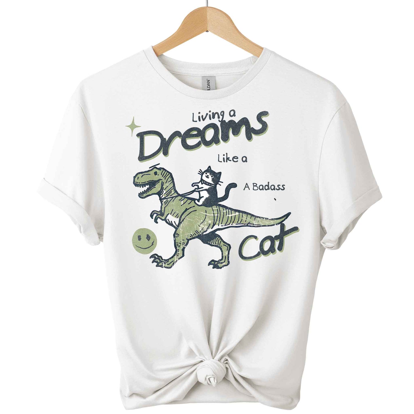 Front view cat and dinosaur tees  design t-shirts gildan with color of  
 White