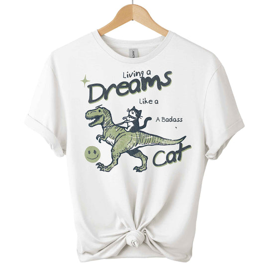 Front view cat and dinosaur tees  design t-shirts gildan with color of  
 White