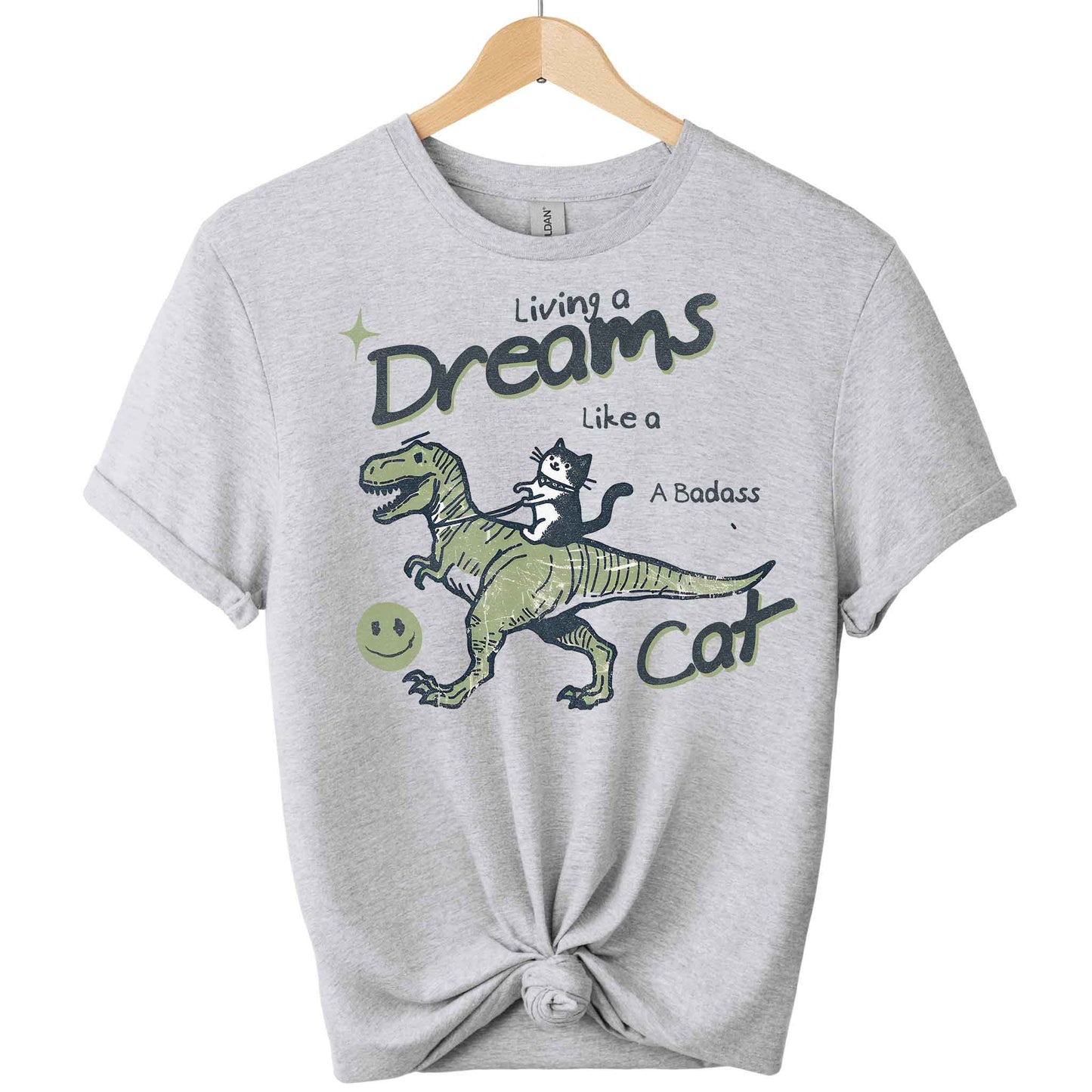 Front view cat and dinosaur tees  design t-shirts gildan with color of  Sport grey_