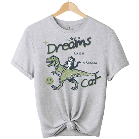 Front view cat and dinosaur tees  design t-shirts gildan with color of  Sport grey_