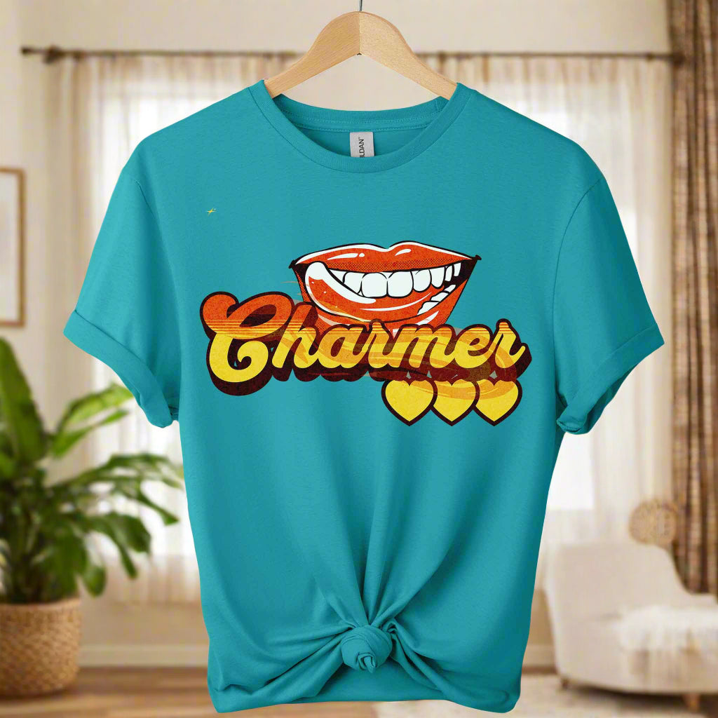 Gildan soft premium front view 
design lips charmer graphic tees unisex for men and women t-shirts color tropical blue