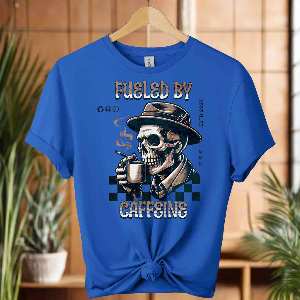 Caffeine T-Shirt  with Retro coffee  Graphic Design skull drinking coffee front view color and typography fuelled by caffeine color royal