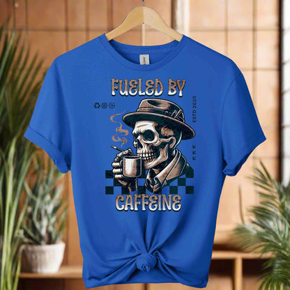 Caffeine T-Shirt  with Retro coffee  Graphic Design skull drinking coffee front view color and typography fuelled by caffeine color royal