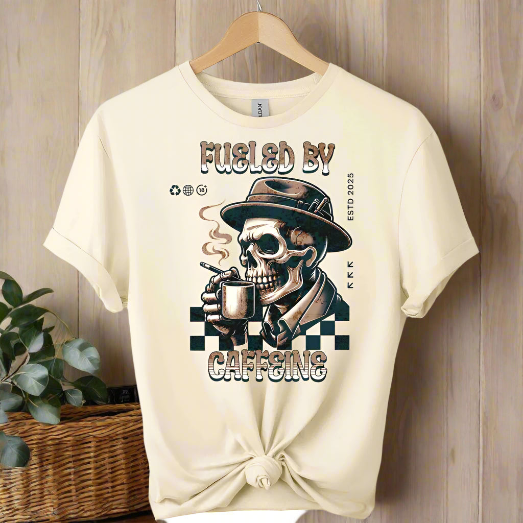 Caffeine T-Shirt  with Retro coffee  Graphic Design skull drinking coffee front view color and typography fuelled by caffeine color natural