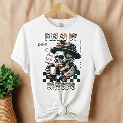 Caffeine T-Shirt  with Retro coffee  Graphic Design skull drinking coffee front view color and typography fuelled by caffeine color white