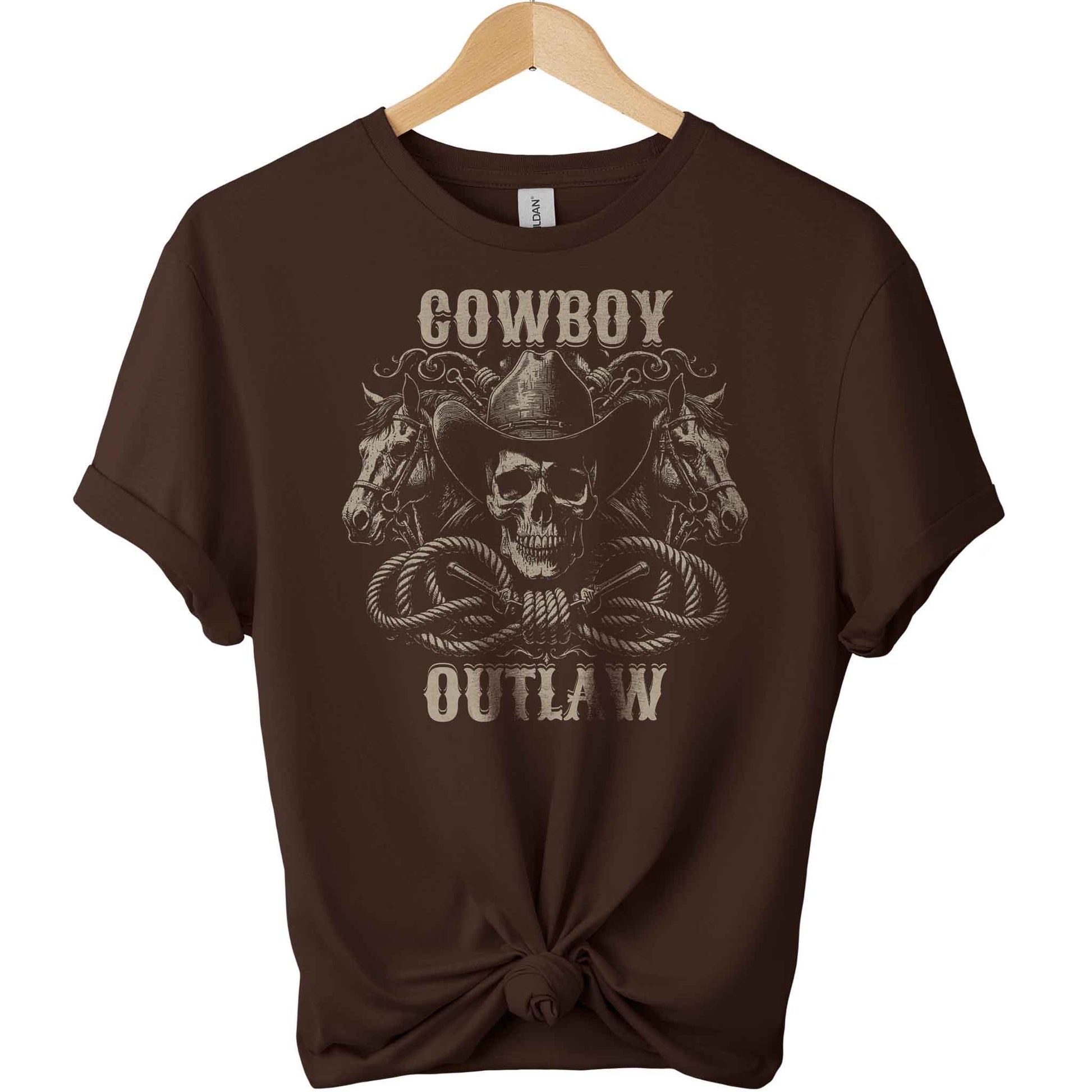 Gildan t-shirt with a front design of skull wearing cowboy hat and 2 head horses with typography of cowboy and outlaw graphic tees unisex with color Dark Chocolate