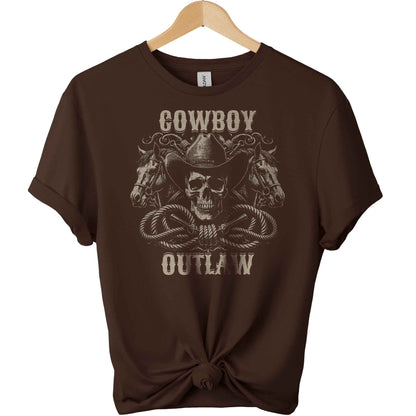 Gildan t-shirt with a front design of skull wearing cowboy hat and 2 head horses with typography of cowboy and outlaw graphic tees unisex with color Dark Chocolate