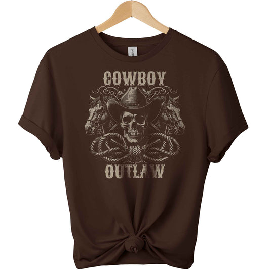 Gildan t-shirt with a front design of skull wearing cowboy hat and 2 head horses with typography of cowboy and outlaw graphic tees unisex with color Dark Chocolate