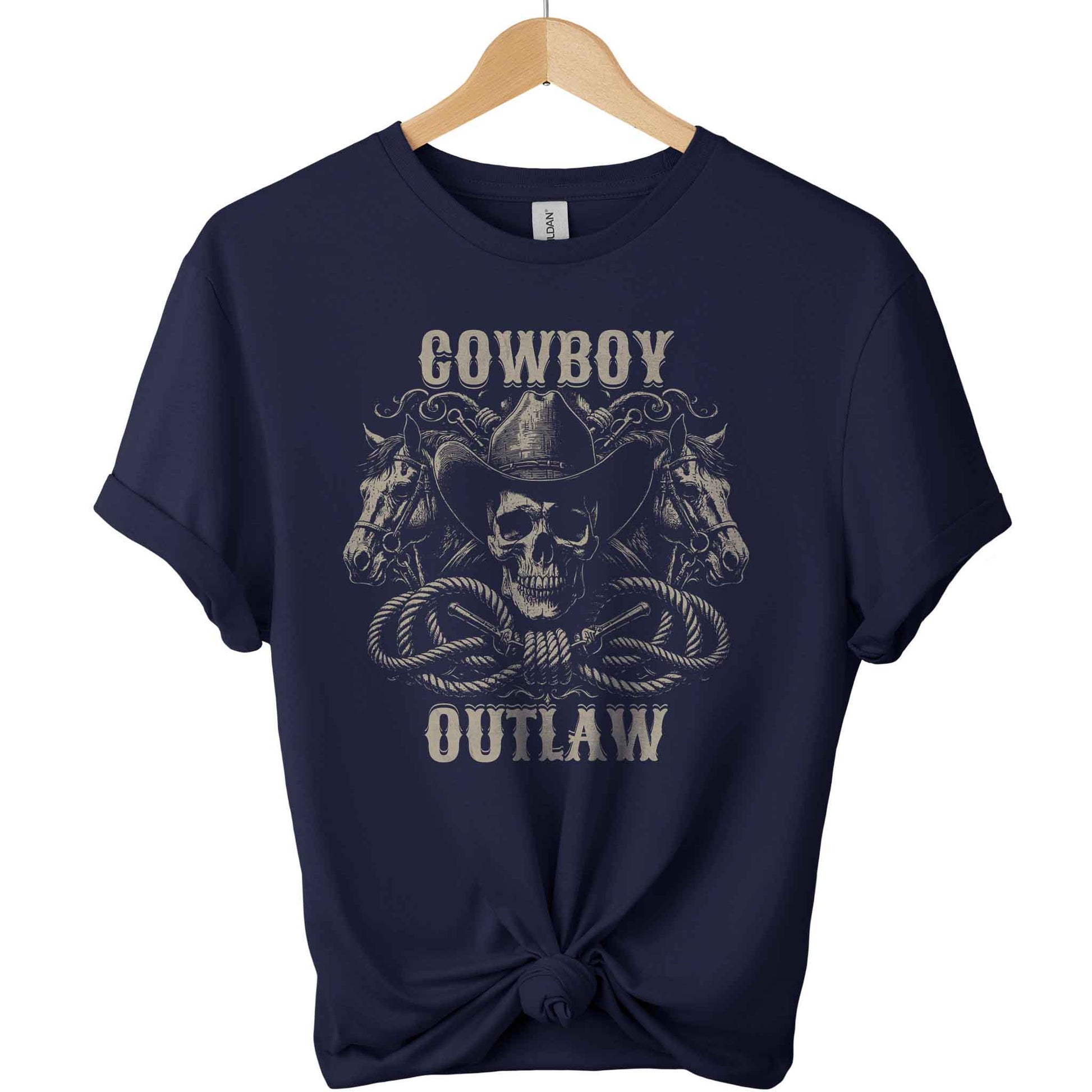 Cowboy and outlaw Gildan t-shirt with a front design of skull wearing cowboy hat and 2 head horses with typography of cowboy and outlaw graphic tees unisex with color  navy