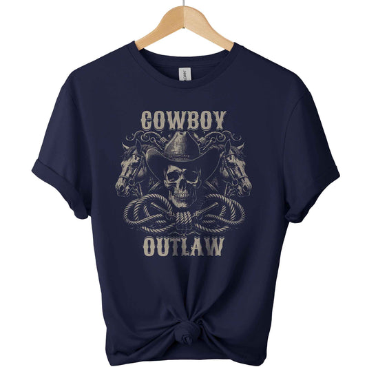 Cowboy and outlaw Gildan t-shirt with a front design of skull wearing cowboy hat and 2 head horses with typography of cowboy and outlaw graphic tees unisex with color  navy