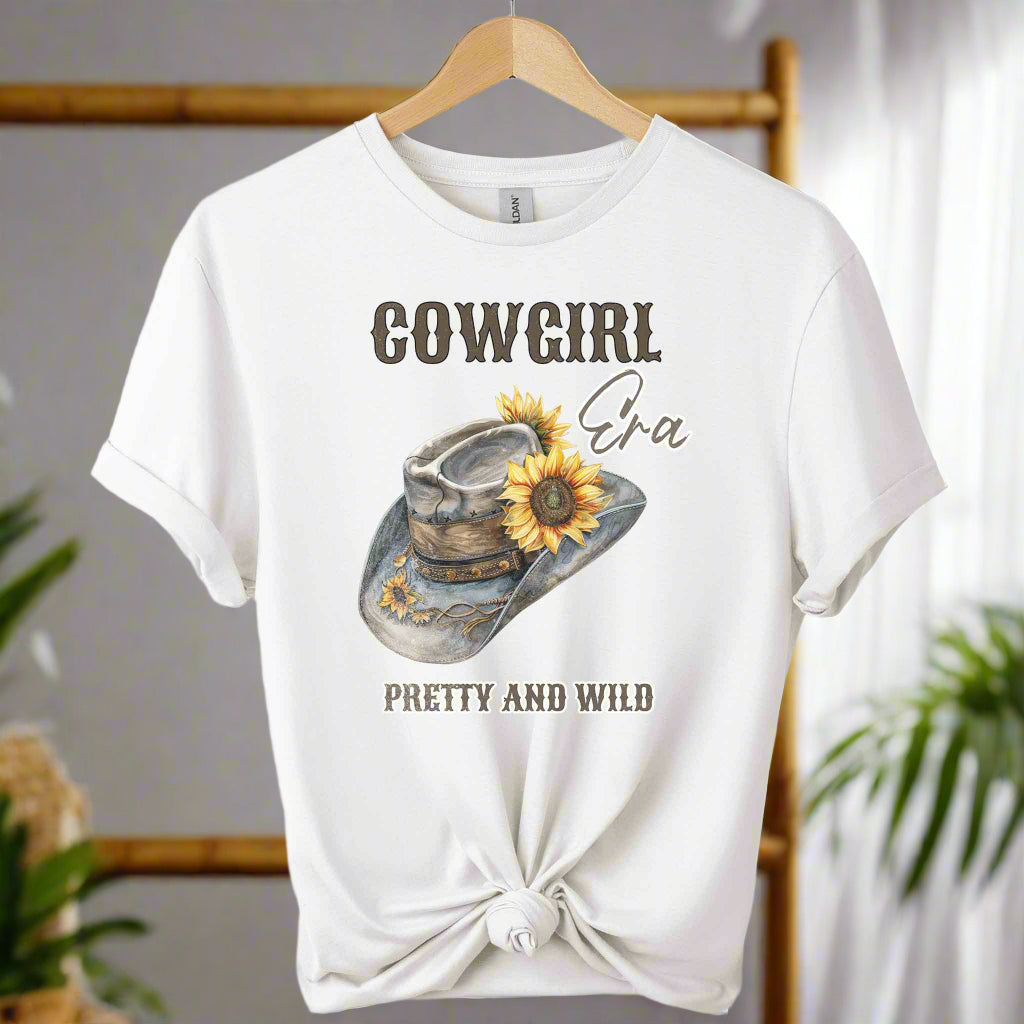 Gildan t-shirt design with cowgirl pretty and wild typography and hat  graphic design Western Style  for Unisex Comfort color white