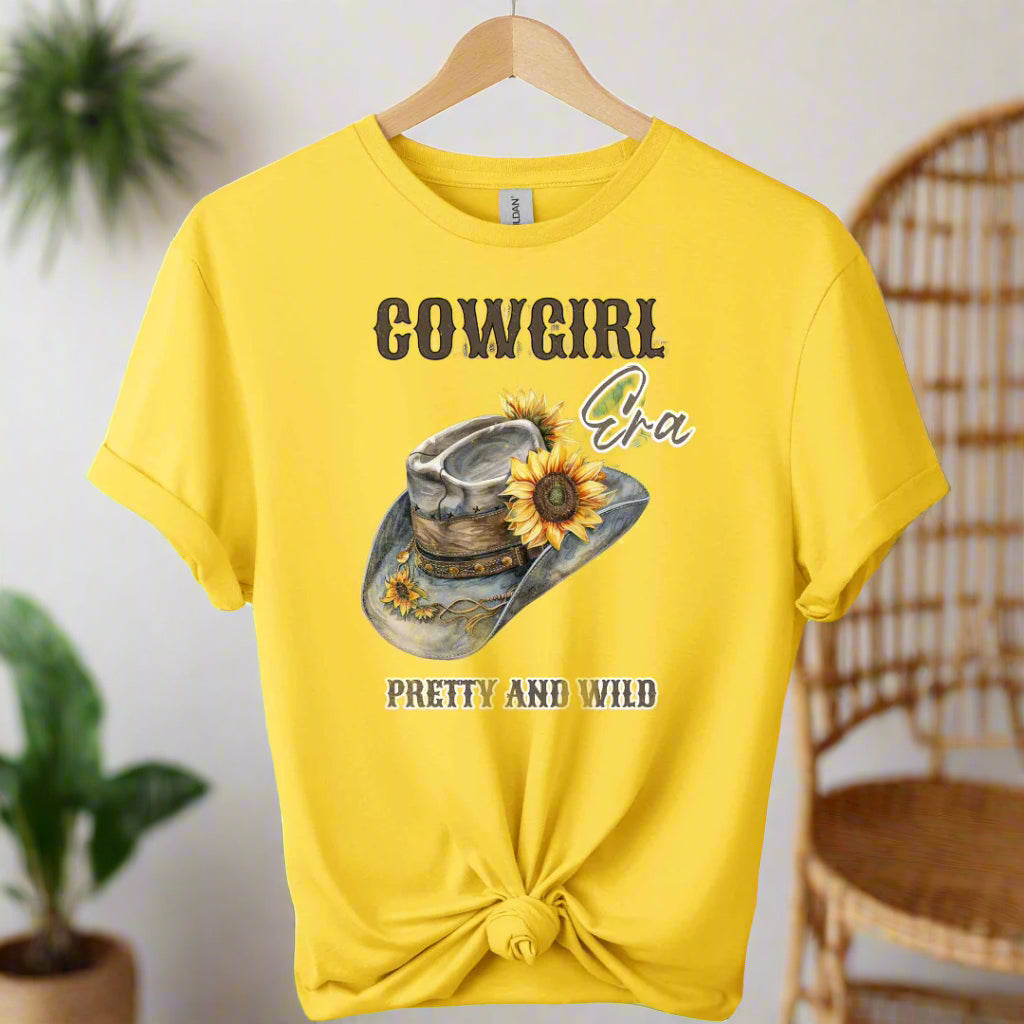 Gildan t-shirt design with cowgirl pretty and wild typography and hat  graphic design Western Style  for Unisex Comfort color daisy