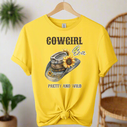Gildan t-shirt design with cowgirl pretty and wild typography and hat  graphic design Western Style  for Unisex Comfort color daisy