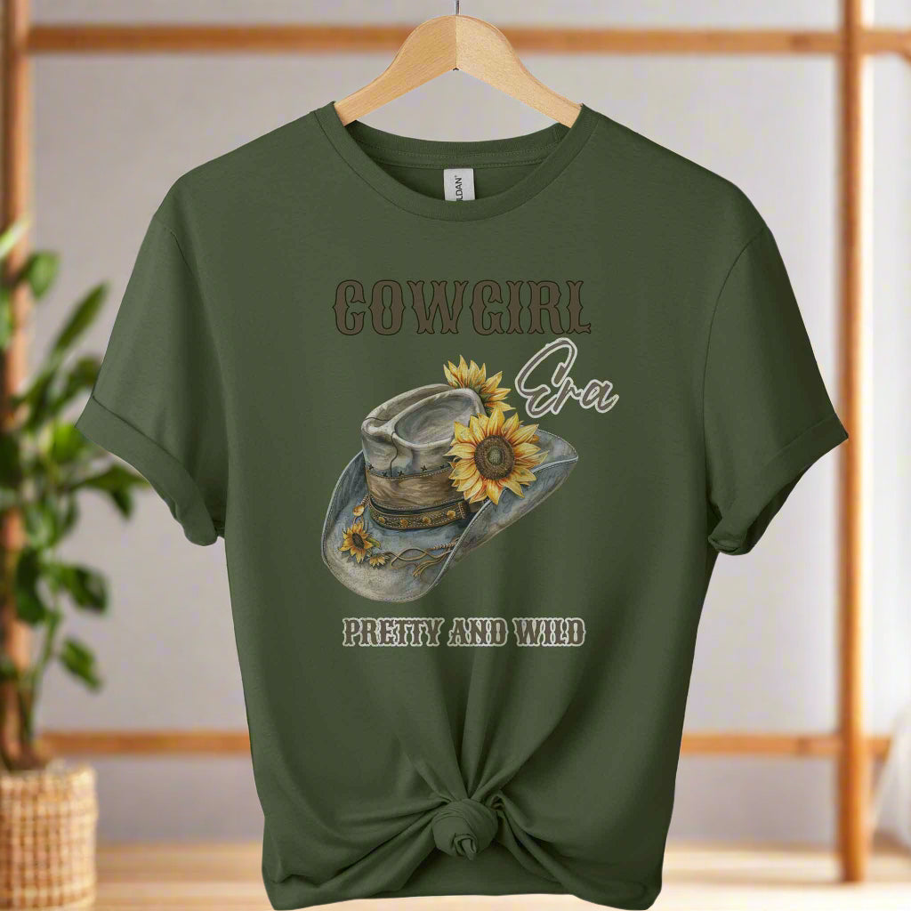 Gildan t-shirt design with cowgirl pretty and wild typography and hat  graphic design Western Style  for Unisex Comfort color Military_green
