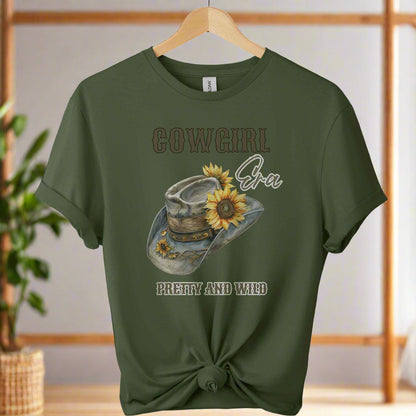 Gildan t-shirt design with cowgirl pretty and wild typography and hat  graphic design Western Style  for Unisex Comfort color Military_green