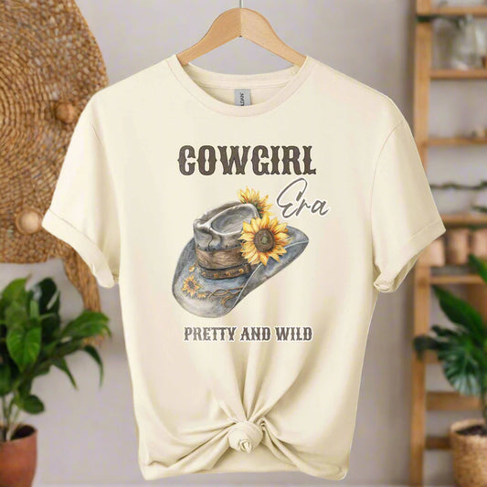 Gildan t-shirt design with cowgirl pretty and wild typography and hat  graphic design Western Style  for Unisex Comfort color natural