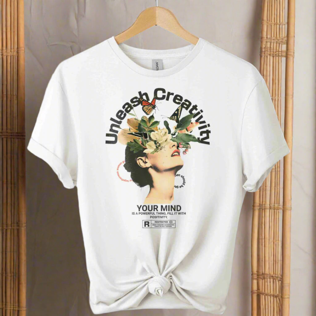 Unisex t-shirt boho style front with typography and graphic design  unleash creativity motivational inspired color  white