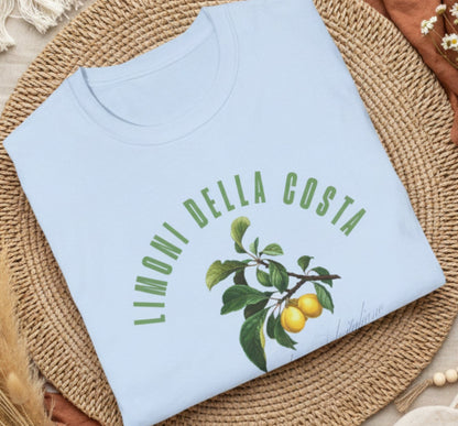 folded Light blue t-shirt with lemoni della costa graphic and text on a white background