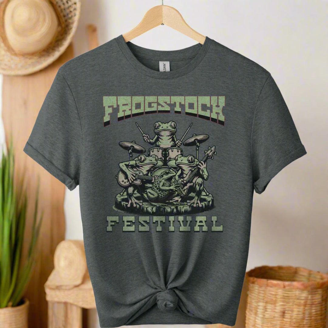 T-Shirt with frog graphic design and frogstock typography Retro Vintage Vibes for Timeless Fashion color Dark Heather