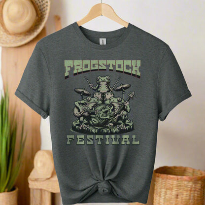 T-Shirt with frog graphic design and frogstock typography Retro Vintage Vibes for Timeless Fashion color Dark Heather