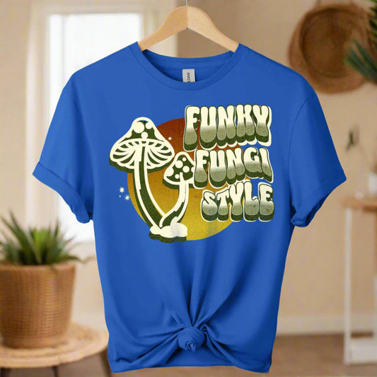 Graphic tees with fungi design and typography funky fungi style boho style retro vintage color royal blue