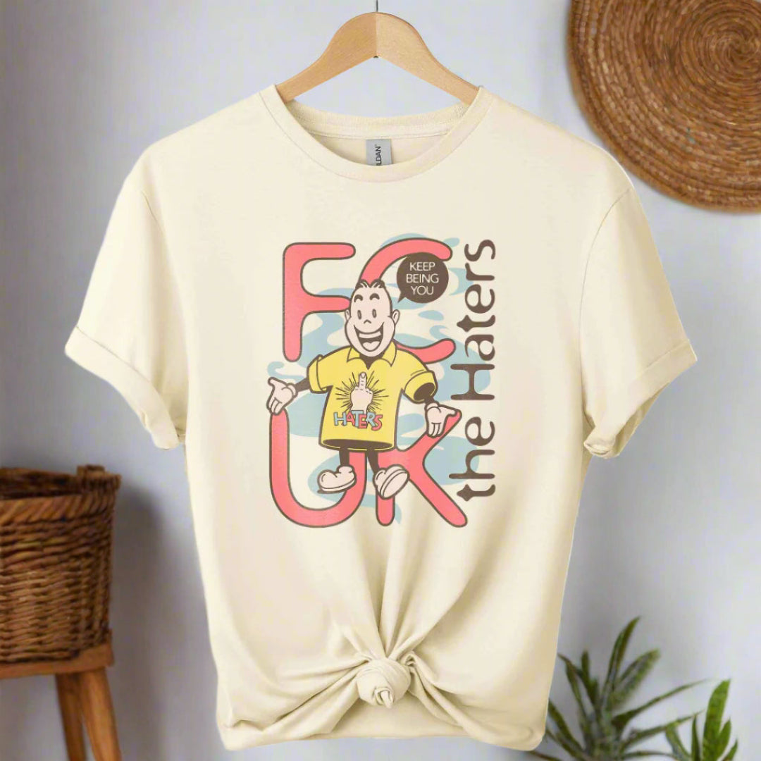 Boho t-shirts  design with cartoon graphic shirts and typography haters ,unisex color natural