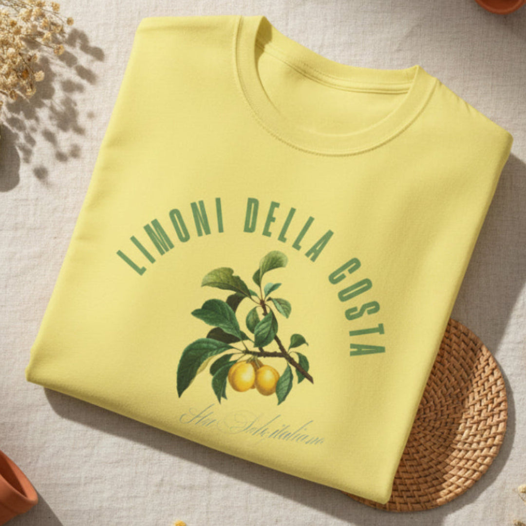 folded cornsilk  t-shirt with lemon graphic and text on a boho background