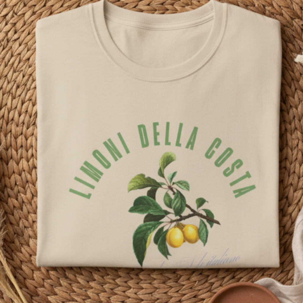 natural color t-shirt with green lemon graphic and text on a white background
