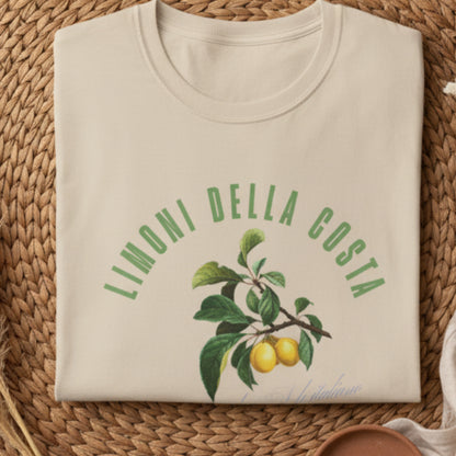natural color t-shirt with green lemon graphic and text on a white background