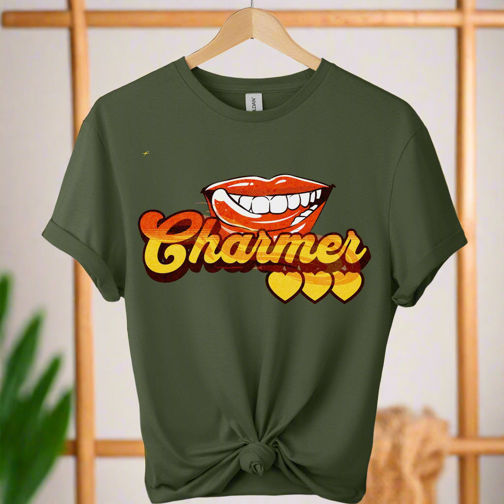 Gildan soft premium front view 
design lips charmer graphic tees unisex for men and women t-shirts  color Military green