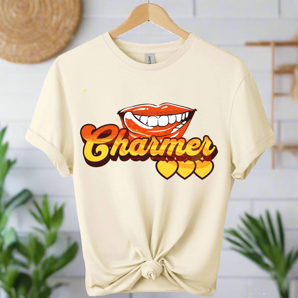 Gildan soft premium front view 
design lips charmer graphic tees unisex for men and women t-shirts  color Natural
