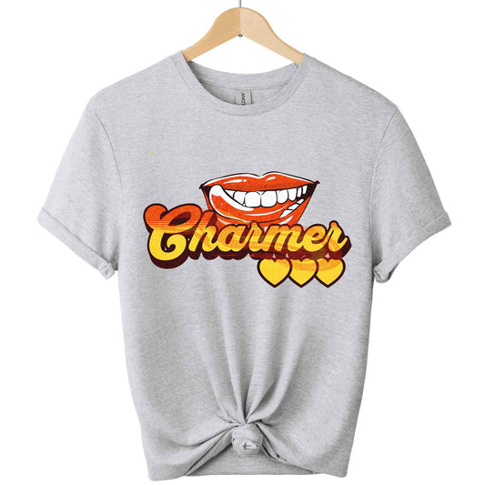 Gildan soft premium front view 
design lips charmer graphic tees unisex for men and women t-shirts color Sport grey