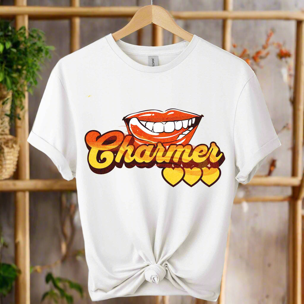 Gildan soft premium front view 
design lips charmer graphic tees unisex for men and women t-shirts color  White