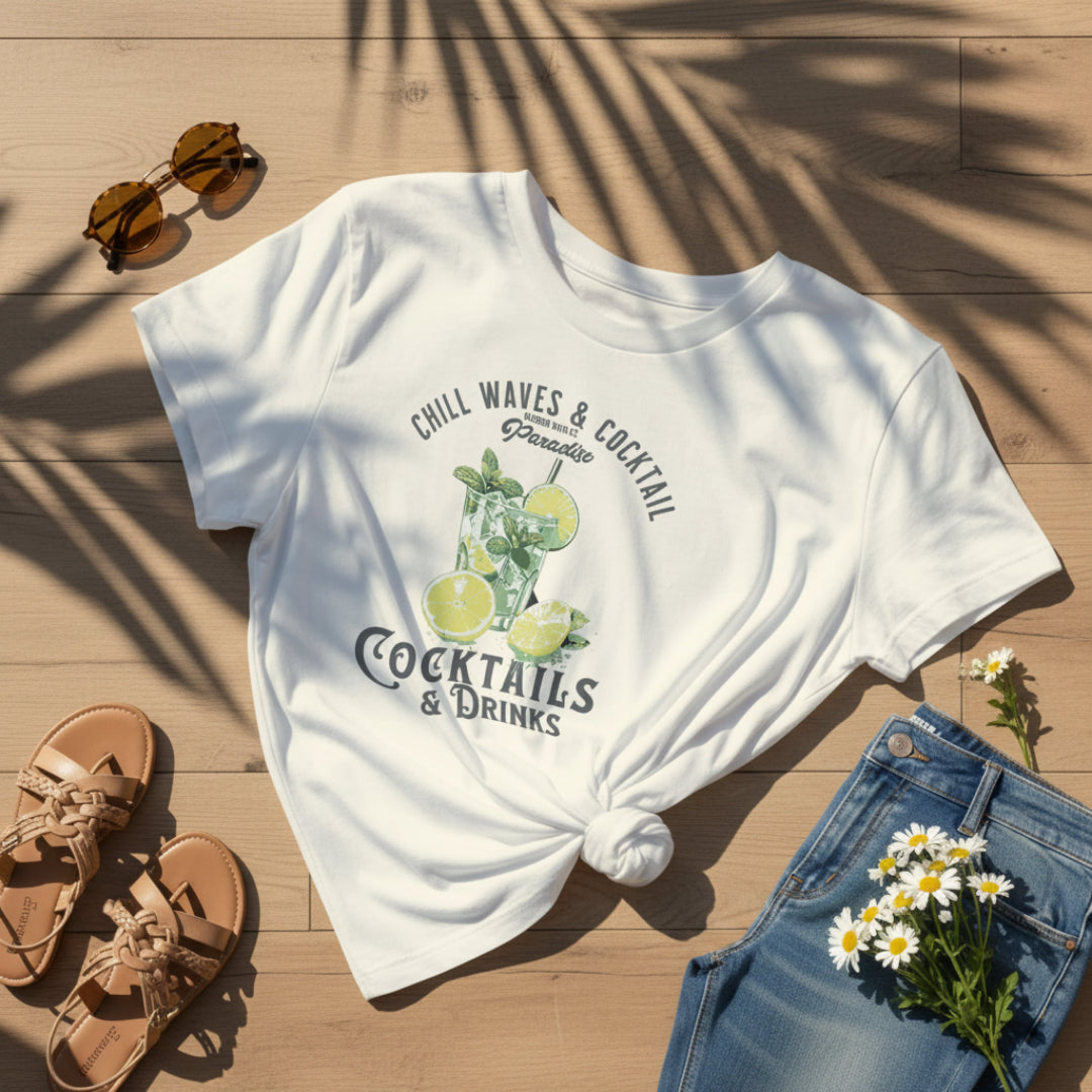 White t-shirt with cocktail graphic and text on a wooden surface with sunglasses, sandals, and flowers.