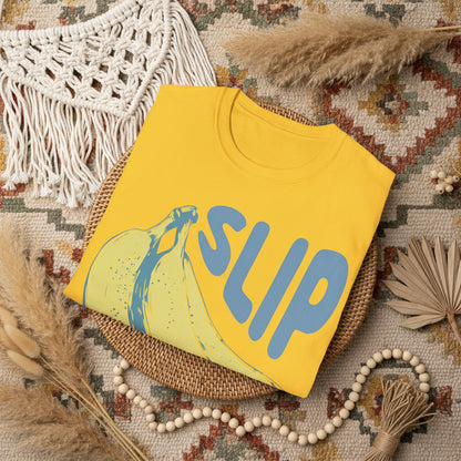 Cornsilkt-shirt with a banana graphic and 'SLIP' text on a white background