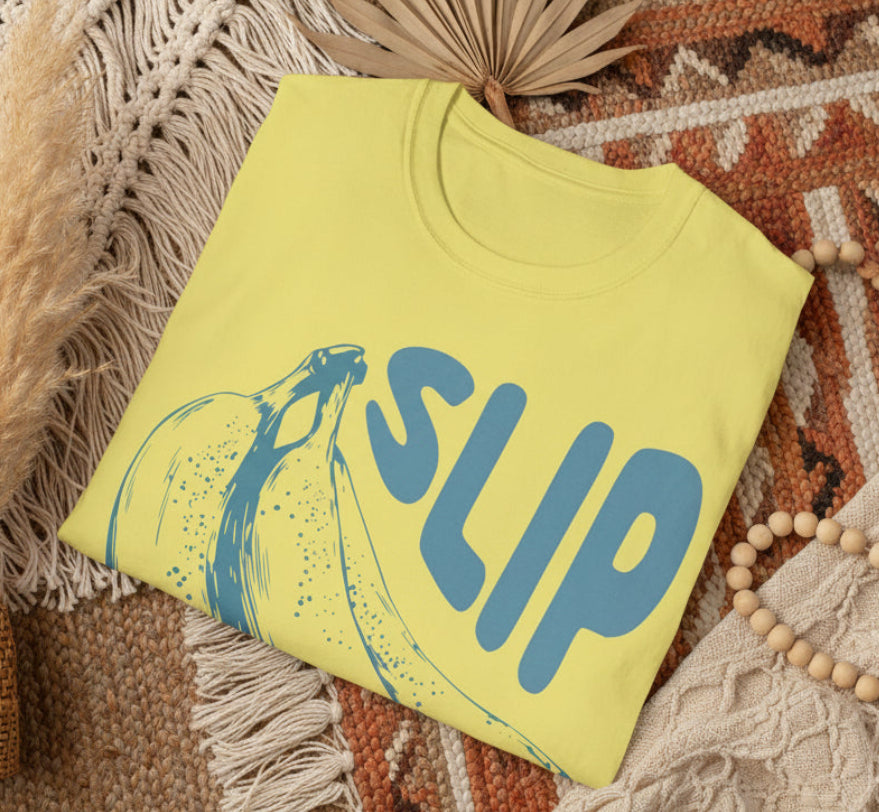 Daisy t-shirt with a daisy banana graphic and 'SLIP' text on a white background