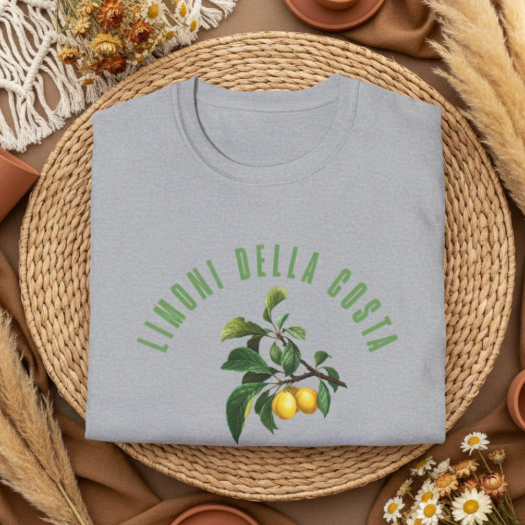 Sportgrey folded t-shirt with a vintage Italian botanical lemon branch graphic and green Limoni Della Costa Italia text