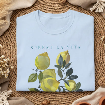 folded Light blue t-shirt with a watercolor Mediterranean lemon graphic and teal Italian text reading Spremi La Vita Italy
