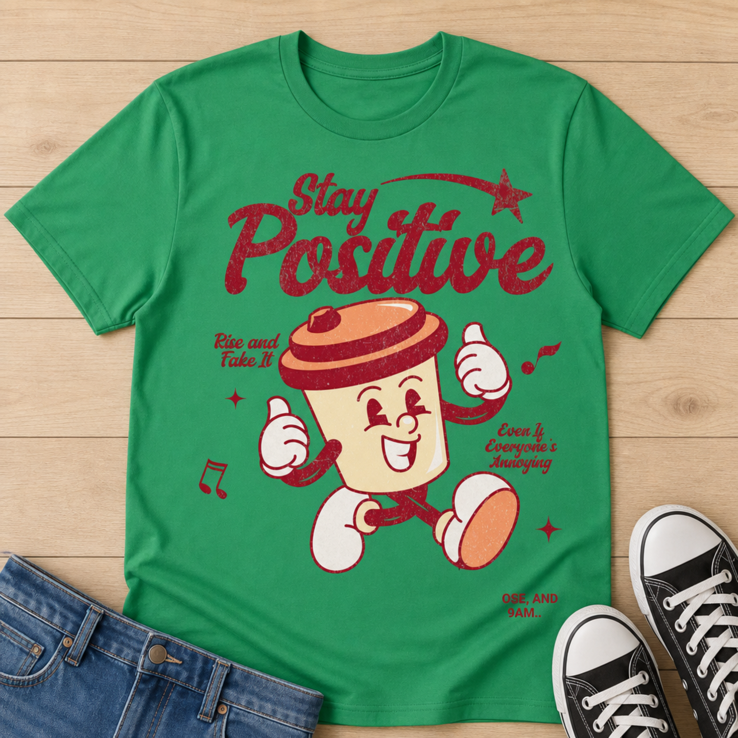 Stay Positive Vintage Coffee Tee | Funny Retro Cartoon Sarcastic T-Shirt