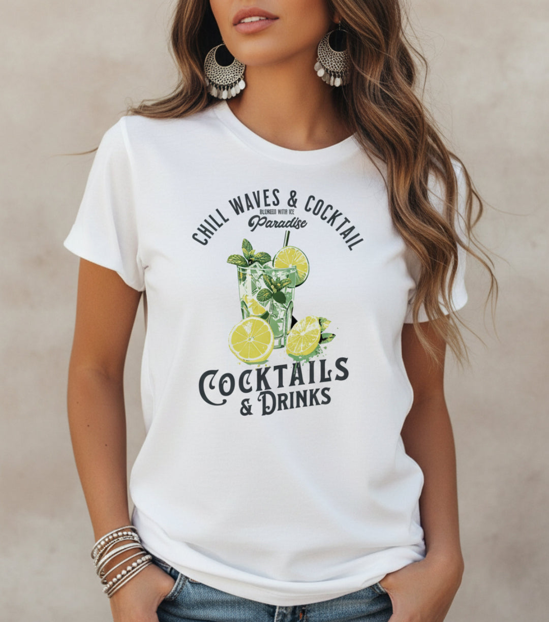 White t-shirt with cocktail graphic and text worn by a person against a beige background