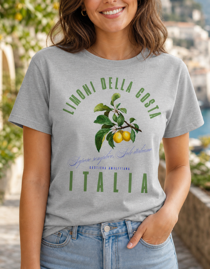 Women wearing a gray t-shirt with Italian lemon graphic and text